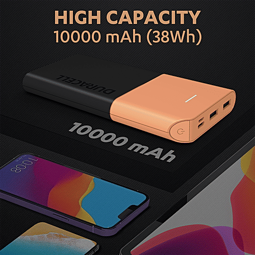 Duracell 10000 mAh Power Bank - With 1 Type C PD & 2 USB A Port, 22.5W Fast Charging Portable Charger, Charges 3 Devices Simultaneously, 1 pc  