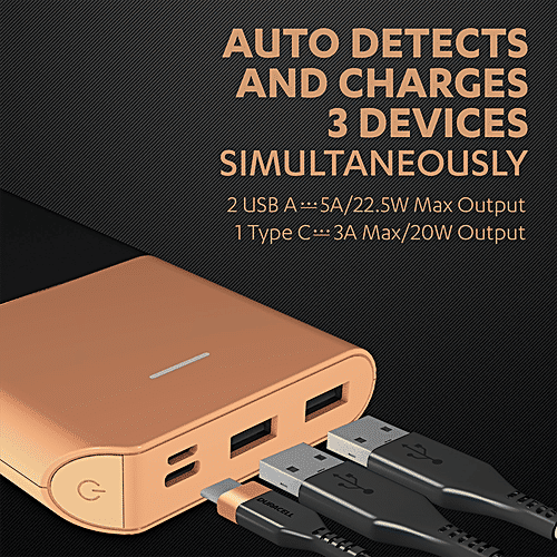 Duracell 10000 mAh Power Bank - With 1 Type C PD & 2 USB A Port, 22.5W Fast Charging Portable Charger, Charges 3 Devices Simultaneously, 1 pc  