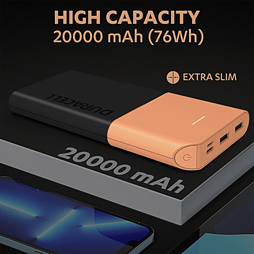 Duracell 20000 mAh Slimmest Power Bank - With 1 Type C PD & 2 USB A Port, 22.5W Fast Charging Portable Charger, Charges 3 Devices Simultaneously, 1 pc  