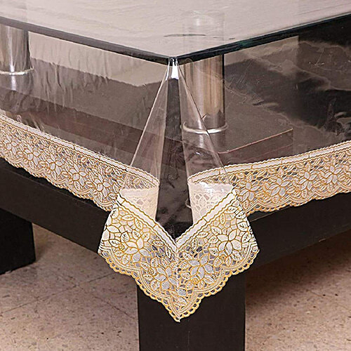 JBG Home Store Transparent Dining Table Cover - 6 Seater, With Golden Lace, 152 X 229 cm, 1 pc  