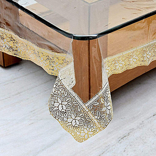 JBG Home Store Transparent Center Table Cover - 4 Seater, With Golden Lace, 102 X 152 cm, 1 pc
