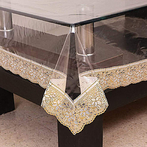 JBG Home Store Transparent Center Table Cover - 4 Seater, With Golden Lace, 102 X 152 cm, 1 pc