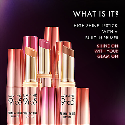 Lakme 9 To 5 Primer + Shine Lipstick, 3.6 g Caramel Latte High Shine, Built In Primer