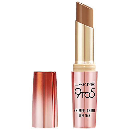 Lakme 9 To 5 Primer + Shine Lipstick, 3.6 g Caramel Latte High Shine, Built In Primer