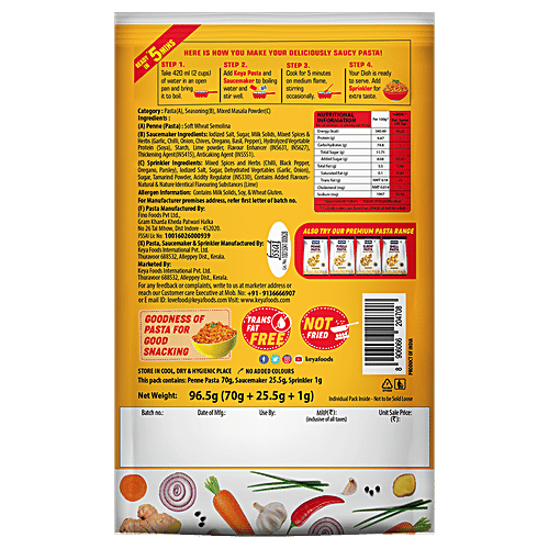 Keya Piri Piri Pasta - African Style, Penne, With Hot Sauce Maker & Extra Spicy Sprinkler, 96.5 g Pouch Made With Soft Suji/Rawa