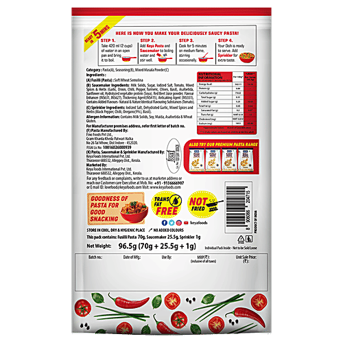 Keya Arrabiata Pasta - Italian Style, Fusilli, With Tangy Sauce Maker & Herbs Sprinkler, 96.5 g Pouch Made With Soft Suji/Rawa