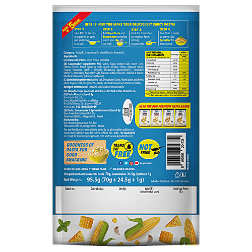 Keya Mac & Cheese Pasta - American Style, Macaroni, With Creamy Sauce Maker & Extra Herby Sprinkler, 95.5 g Pouch Made With Soft Suji/Rawa