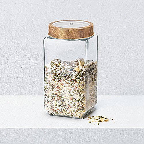 Treo Woody Cube Glass Jar - Transparent, Easy To Clean, For Candies, Cookies & Pulses, Kitchen Item, 1 L  