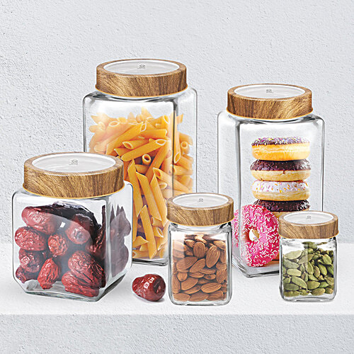 Treo Woody Cube Glass Jar - Transparent, Easy To Clean, For Candies, Cookies & Pulses, Kitchen Item, 1 L  