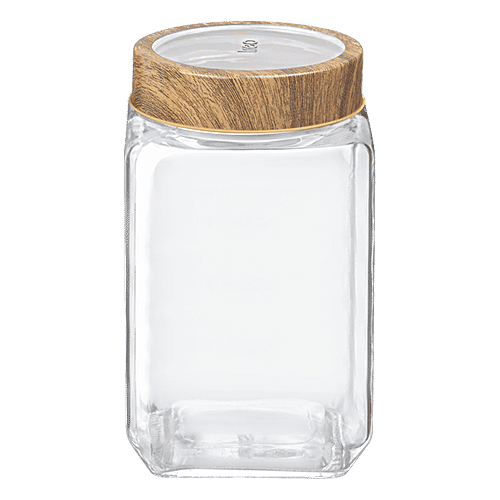 Treo Woody Cube Glass Jar - Transparent, Easy To Clean, For Candies, Cookies & Pulses, Kitchen Item, 1 L  