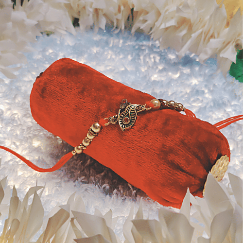 House of Festivals Leaf Pendant Rakhi - With Sparkling Stones & Pearl Beads, Multicolour, HOF-RK23-GKR-0364, 1 pc