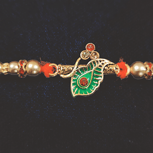 House of Festivals Leaf Pendant Rakhi - With Sparkling Stones & Pearl Beads, Multicolour, HOF-RK23-GKR-0364, 1 pc
