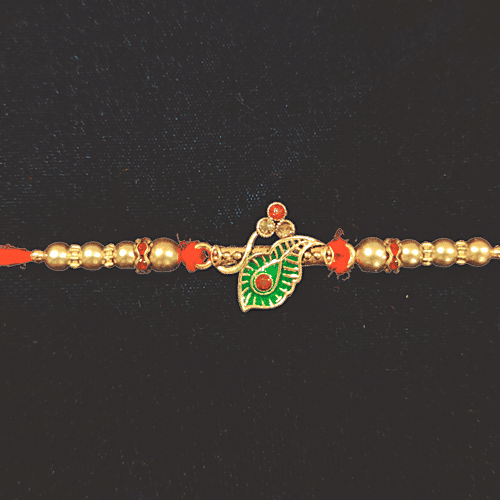 House of Festivals Leaf Pendant Rakhi - With Sparkling Stones & Pearl Beads, Multicolour, HOF-RK23-GKR-0364, 1 pc