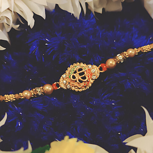 House of Festivals Ik Onkar Pendant Rakhi - With Pearl Beads, HOF-RK23-7454, 1 pc  