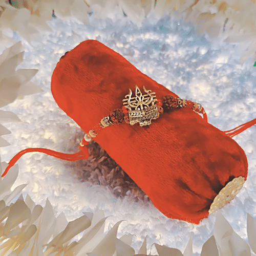 House of Festivals Lord Shiva Rudraksh Rakhi - With Trishul & Damru, Yellow & Red, HOF-RK23-7829, 1 pc  