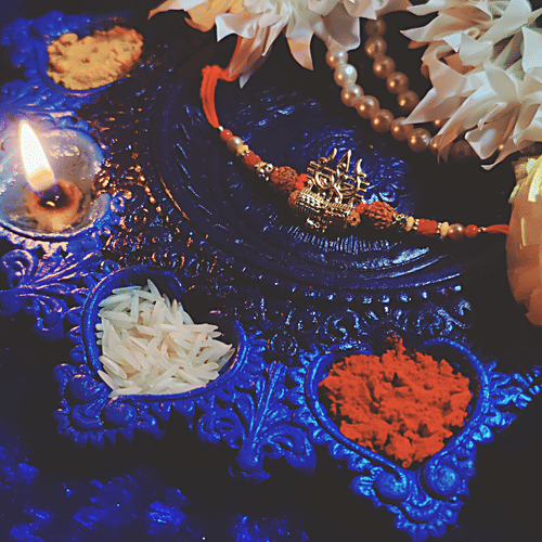 House of Festivals Lord Shiva Rudraksh Rakhi - With Trishul & Damru, Yellow & Red, HOF-RK23-7829, 1 pc  