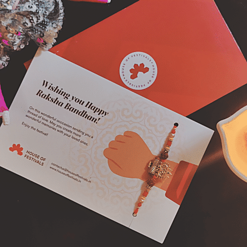 House of Festivals Lord Shiva Rudraksh Rakhi - With Trishul & Damru, Yellow & Red, HOF-RK23-7829, 1 pc  