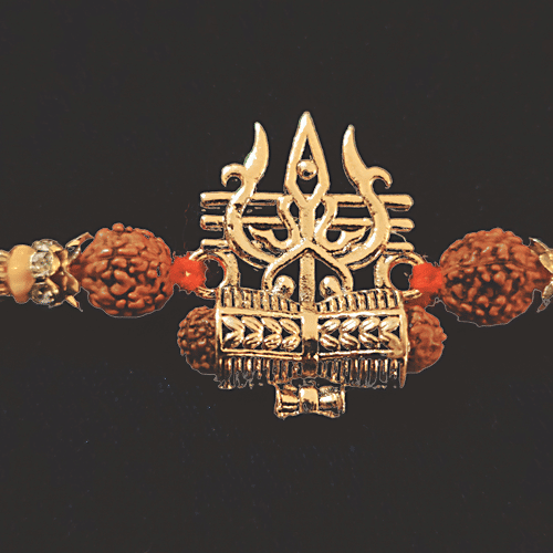 House of Festivals Lord Shiva Rudraksh Rakhi - With Trishul & Damru, Yellow & Red, HOF-RK23-7829, 1 pc  