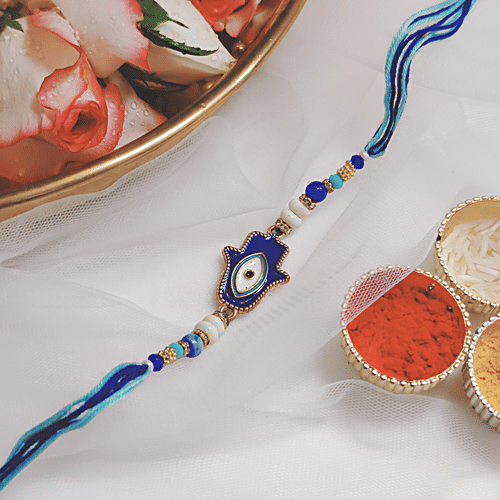 House of Festivals Evil Eye Charm Rakhi - With Pearl Beads, Blue & White, HOF-RK23-7519, 1 pc  