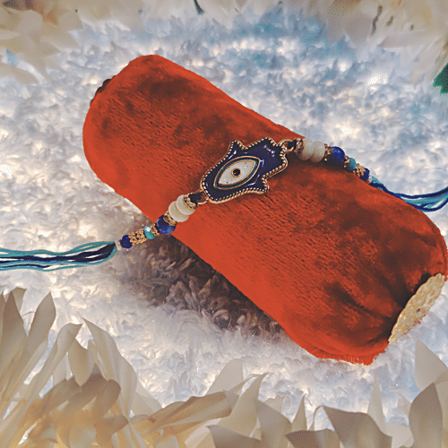 House of Festivals Evil Eye Charm Rakhi - With Pearl Beads, Blue & White, HOF-RK23-7519, 1 pc  