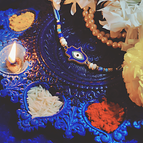 House of Festivals Evil Eye Charm Rakhi - With Pearl Beads, Blue & White, HOF-RK23-7519, 1 pc  