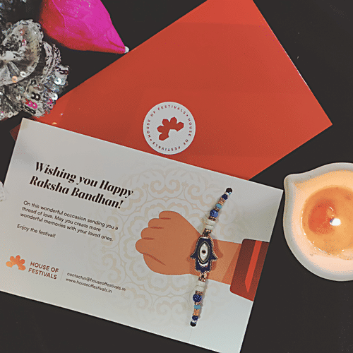 House of Festivals Evil Eye Charm Rakhi - With Pearl Beads, Blue & White, HOF-RK23-7519, 1 pc  