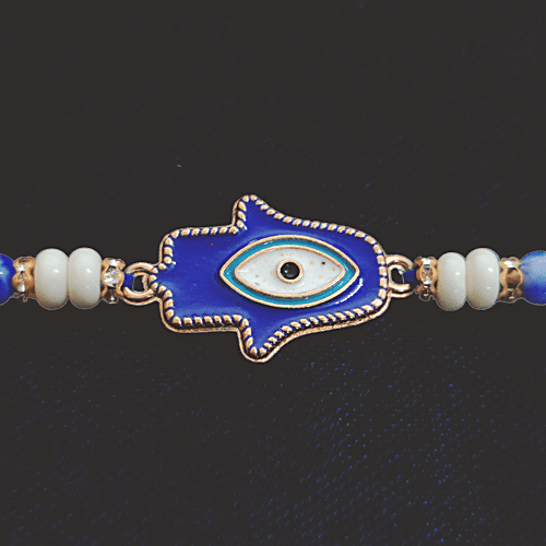 House of Festivals Evil Eye Charm Rakhi - With Pearl Beads, Blue & White, HOF-RK23-7519, 1 pc  