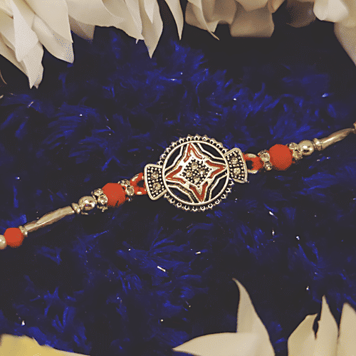 House of Festivals Silver Design Rakhi - With Red Pearl Beads, HOF-RK23-7853, 1 pc