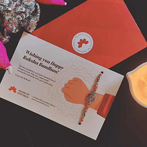 House of Festivals Silver Design Rakhi - With Red Pearl Beads, HOF-RK23-7853, 1 pc