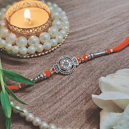 House of Festivals Silver Design Rakhi - With Red Pearl Beads, HOF-RK23-7853, 1 pc