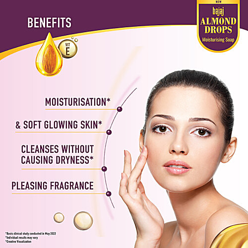 Bajaj Almond Drops Moisturising Soap - With Vitamin E, For Soft & Glowing Skin, 125 g (Pack of 5) Sulphate Free, Paraben Free, Free From Toxins