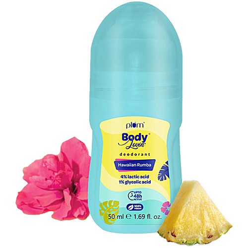 Plum BodyLovin' Hawaiian Rumba Deodorant Roll-On - Lactic Acid & Green Tea Extract, 50 ml  Fresh Beachy Fragrance, 48 Hour Odour Control, 100% Vegan
