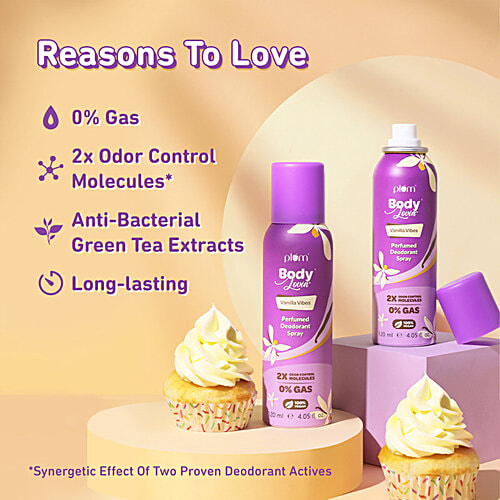 Plum BodyLovin' Vanilla Vibes Perfumed Deodorant Spray, 120 ml  2x Odour Control Molecules, Anti-bacterial Green Tea Extracts, Warm Vanilla Fragrance