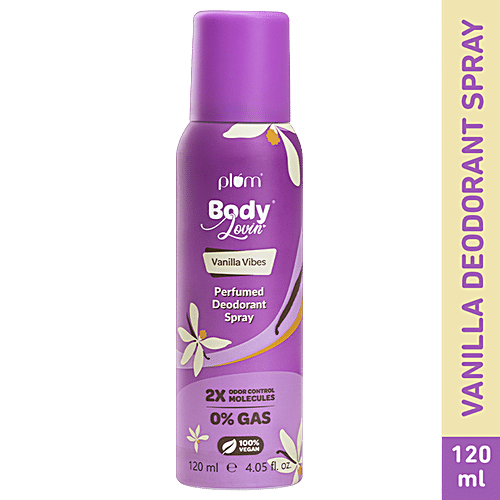 Plum BodyLovin' Vanilla Vibes Perfumed Deodorant Spray, 120 ml  2x Odour Control Molecules, Anti-bacterial Green Tea Extracts, Warm Vanilla Fragrance