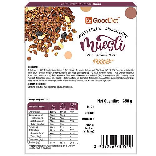 bb Gooddiet Multi Millet Chocolate Muesli - With Berries & Nuts, 350 g High In Protein & Fibre