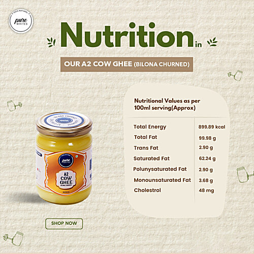 Pure Whites A2 Cow Ghee - Bilona Churned, 200 ml Natural