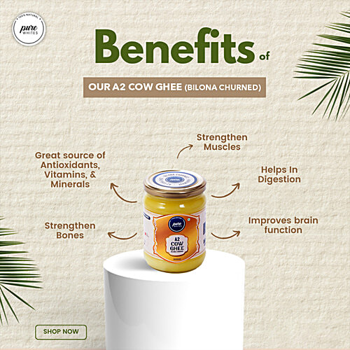 Pure Whites A2 Cow Ghee - Bilona Churned, 200 ml Natural
