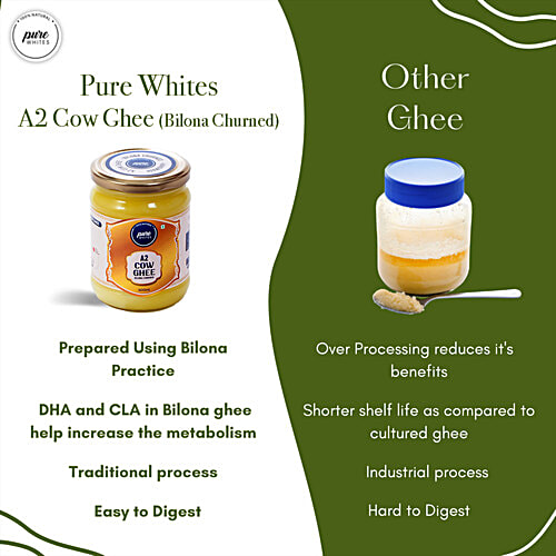 Pure Whites A2 Cow Ghee - Bilona Churned, 200 ml Natural