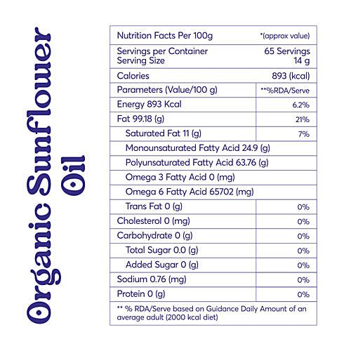 Pure Whites Cold Pressed Organic Sunflower Oil, 1 L No Preservatives, 100& Pure & Natural