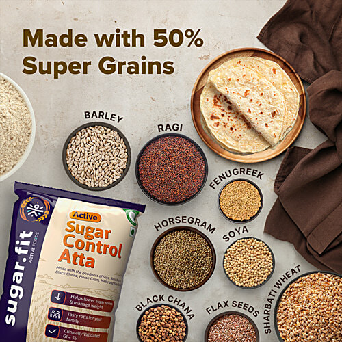 Sugar.Fit Active Sugar Control Atta, 5 kg Helps lower sugar spikes & manage weight, Tasty rotis for your family, Clinically Validated GI <55