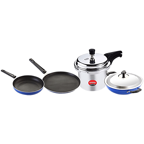 Crystal Kitchen Combi Cookware Set - Cooker, Kadai, FryPan, Tawa & Stainless Steel Lid, 5 pcs