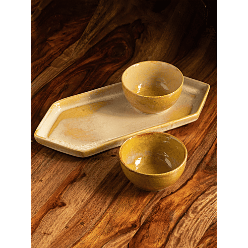 Buy ExclusiveLane Ceramic Serving Bowls With Tray, Light Brown