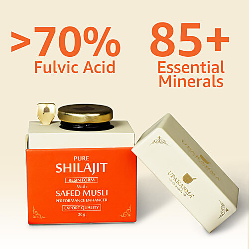 Upakarma Ayurveda Original & Pure Shilajit/Shilajeet Resin Form With Safed Musli For Men and Women, 20 g  Boost Performance, Power, Stamina, Endurance, Strength, And Overall Wellbeing, Ayurvedic