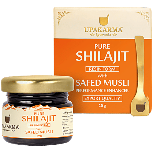 Upakarma Ayurveda Original & Pure Shilajit/Shilajeet Resin Form With Safed Musli For Men and Women, 20 g  Boost Performance, Power, Stamina, Endurance, Strength, And Overall Wellbeing, Ayurvedic