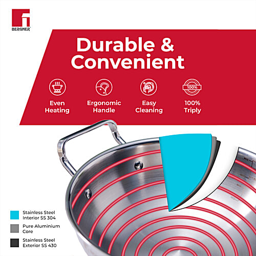 Bergner Tripro Triply Stainless Steel Kadhai With Stainless Steel Lid, 26 cm, Induction Base, Silver, 3.95 L  