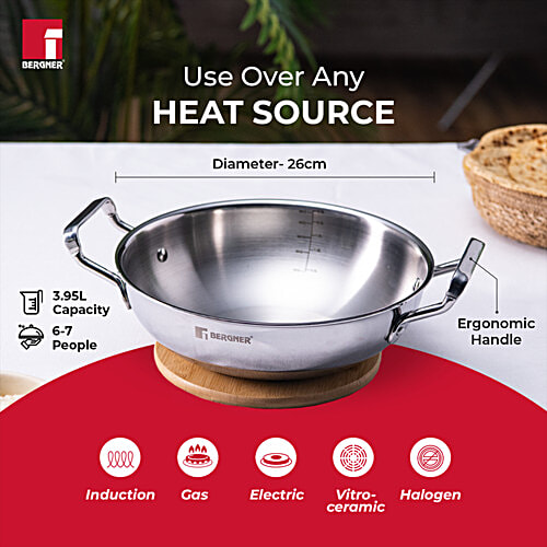 Bergner Tripro Triply Stainless Steel Kadhai With Stainless Steel Lid, 26 cm, Induction Base, Silver, 3.95 L  