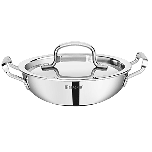 Bergner Tripro Triply Stainless Steel Kadhai With Stainless Steel Lid, 26 cm, Induction Base, Silver, 3.95 L  
