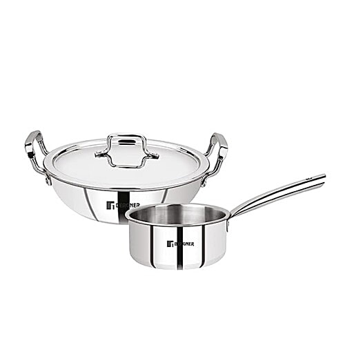 Bergner Tripro Triply Stainless-Steel Cookware Set, Tea Pan 16cm, Kadai With Lid 22cm, 1 pc (Set of 3) 