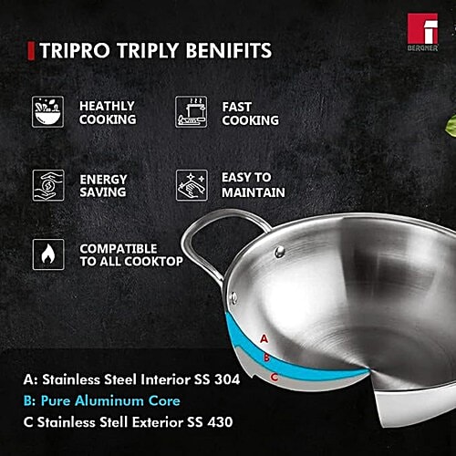Bergner Tripro Triply Stainless-Steel Cookware Set, Tea Pan 16cm, Kadai With Lid 22cm, 1 pc (Set of 3) 