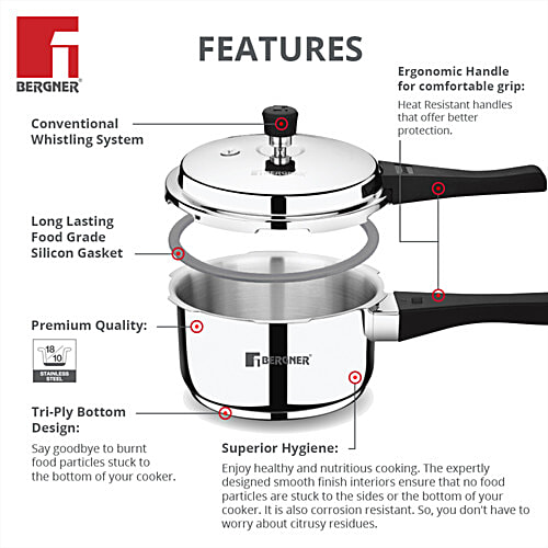 Bergner Sorrento Stainless Steel Pressure Cooker With Outer Lid - Triply Bottom, Induction Base, 5 Year Warranty, Silver, 2 L
